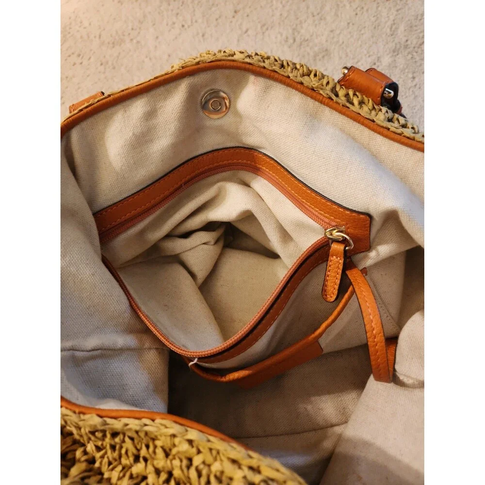 Michael Kors Brown Rattan Woven Tote Bag w/ Orange Straps